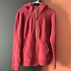 Lululemon Red Scuba Zip Hoodie with Gold Zipper and Logo.